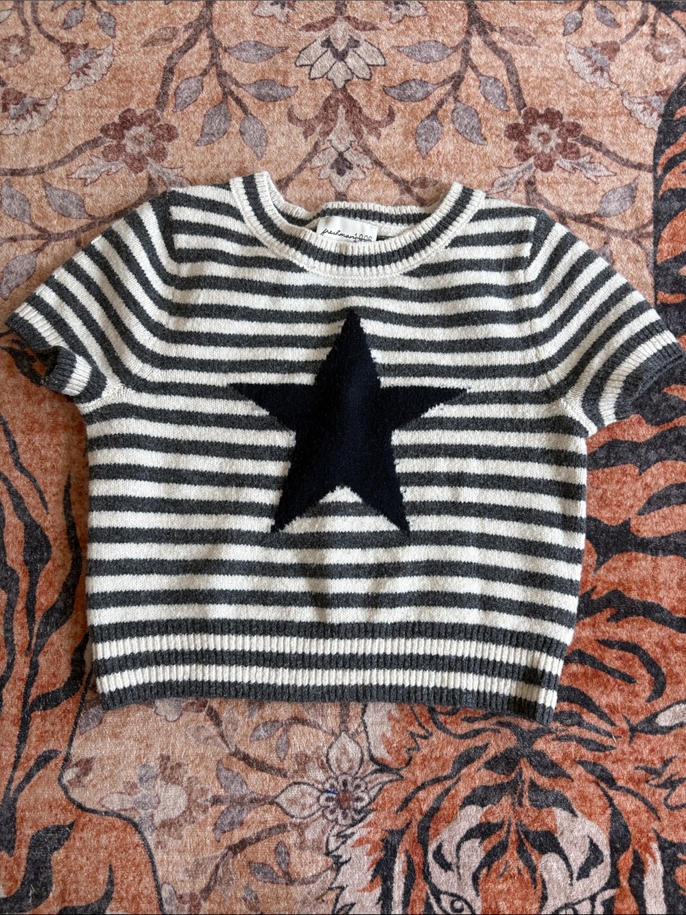 Striped Short-Sleeve Sweater with Center Star - Black & Cream